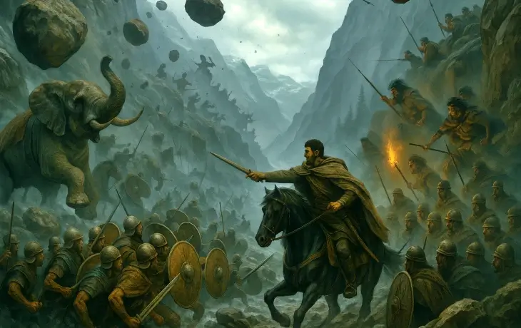 Alplerde geçit saldırısına uğrayan Hannibal ordusu; dar vadide yuvarlanan kayalar, pusu kuran kabile savaşçıları, panik içindeki filler ve savunma pozisyonu alan Kartacalı askerler.